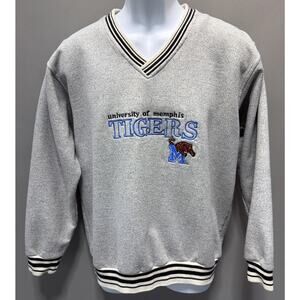 Memphis Tigers Vintage Fleece Sweater V Neck Dynasty Large Gray Embroidered NCAA